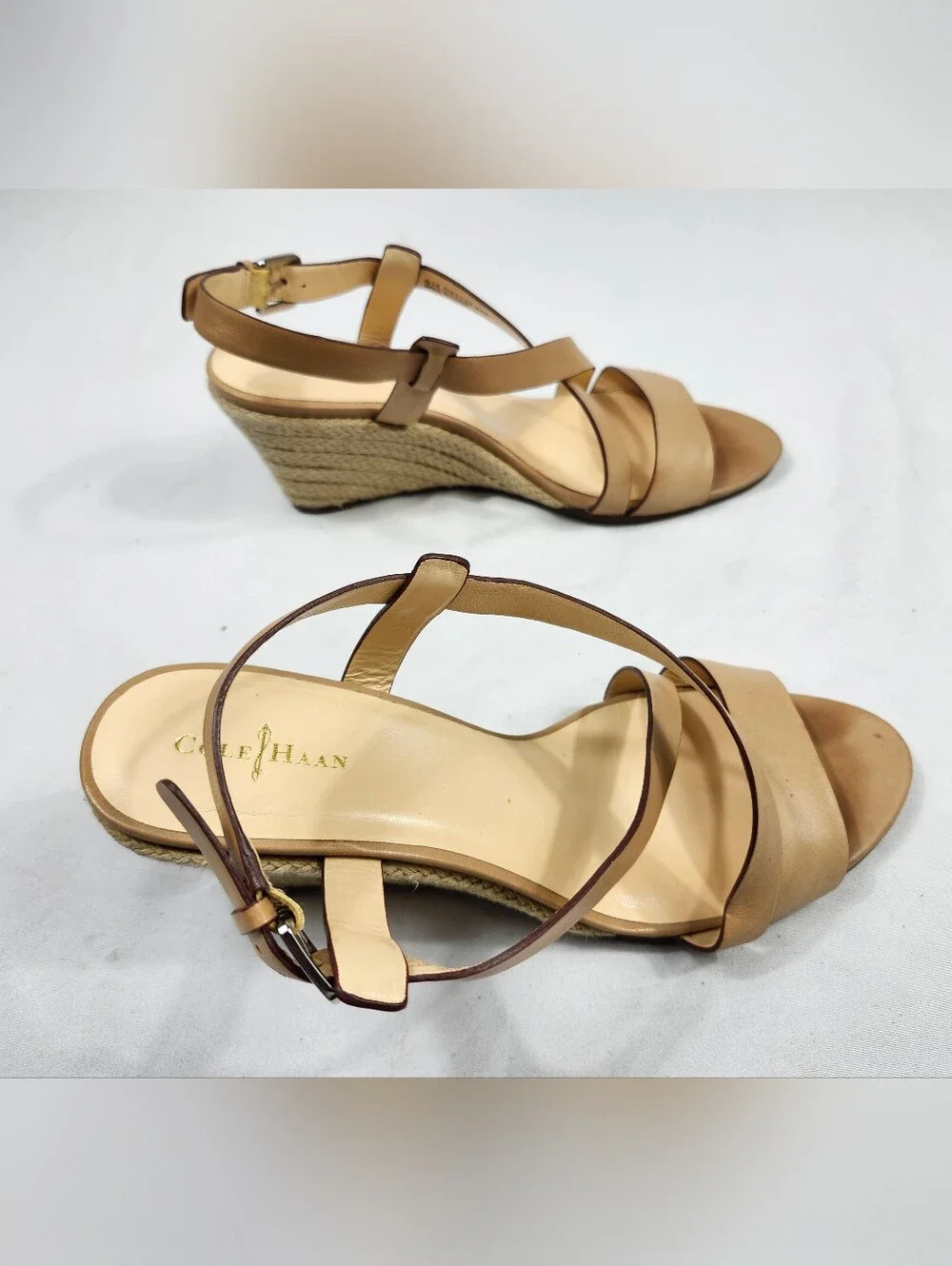 Cole Haan Womens 8.5 B Tan Leather Cross-Strap Wedge Yarn Sandals
